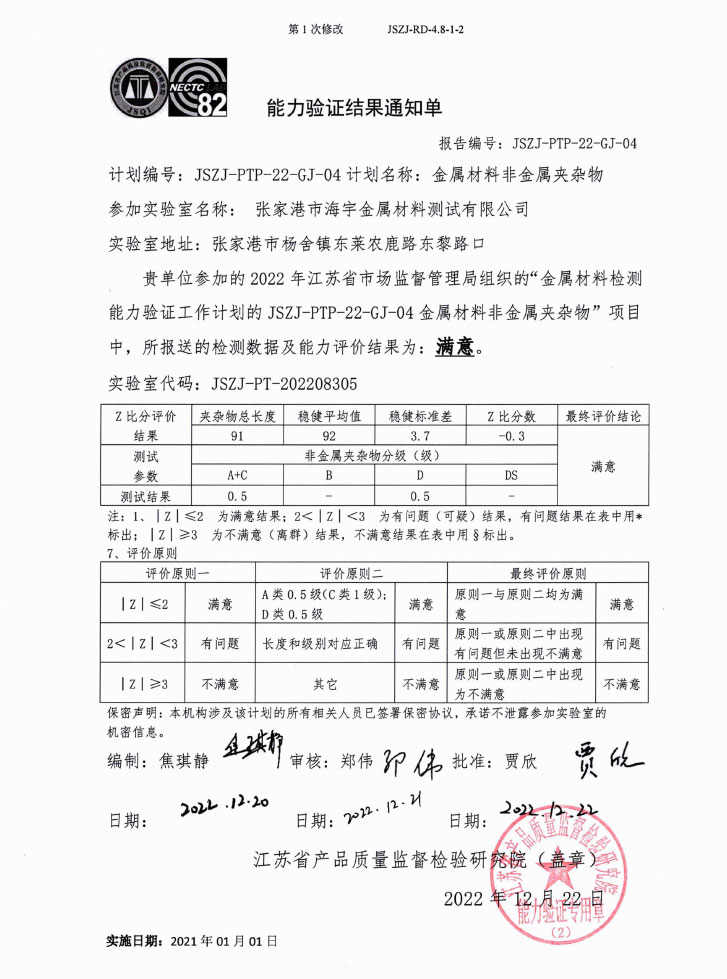 JSZJ-PTP-22-GJ-04能力验证结果通知单-非金属夹杂物